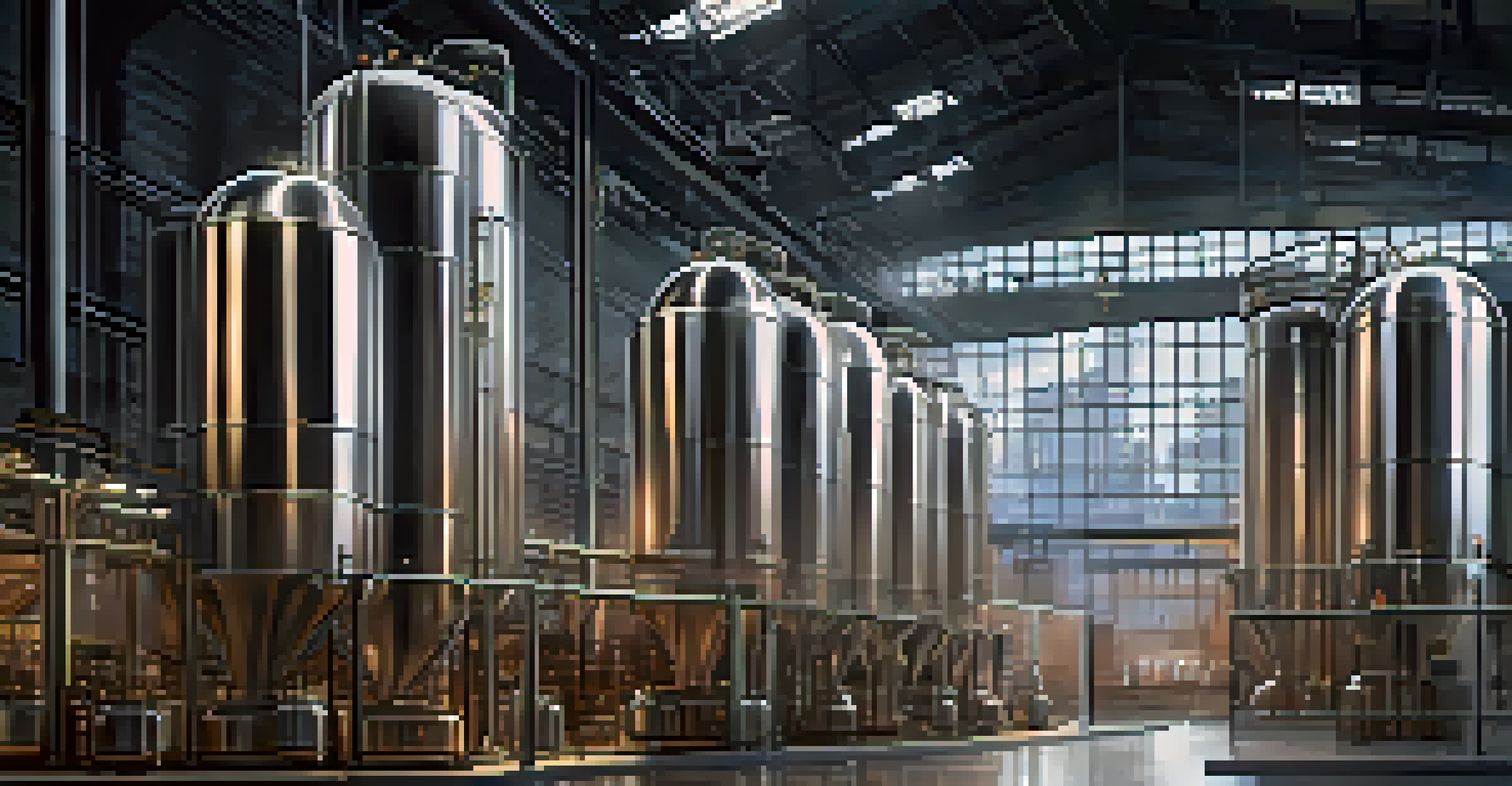 A modern distillery with a tall stainless steel column still, steam rising, and glass containers filled with clear liquid in the background.