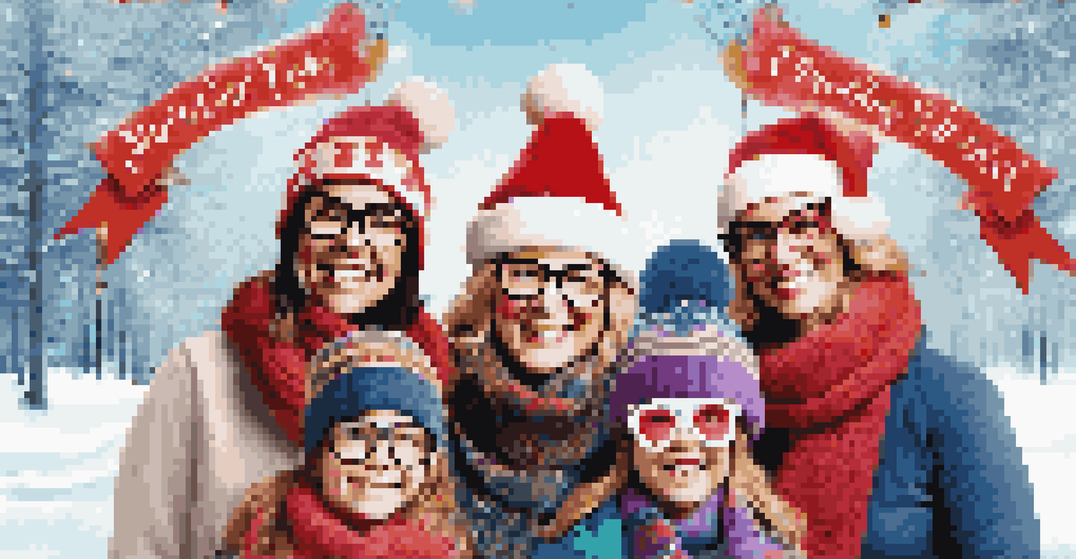 A cheerful photo booth near an ice rink with families posing with fun props and a festive backdrop.