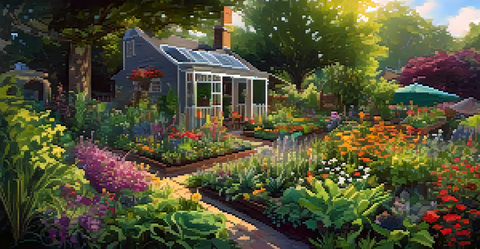 A diverse permaculture garden with colorful flowers, vegetables, and herbs, illuminated by sunlight, with butterflies and bees present.