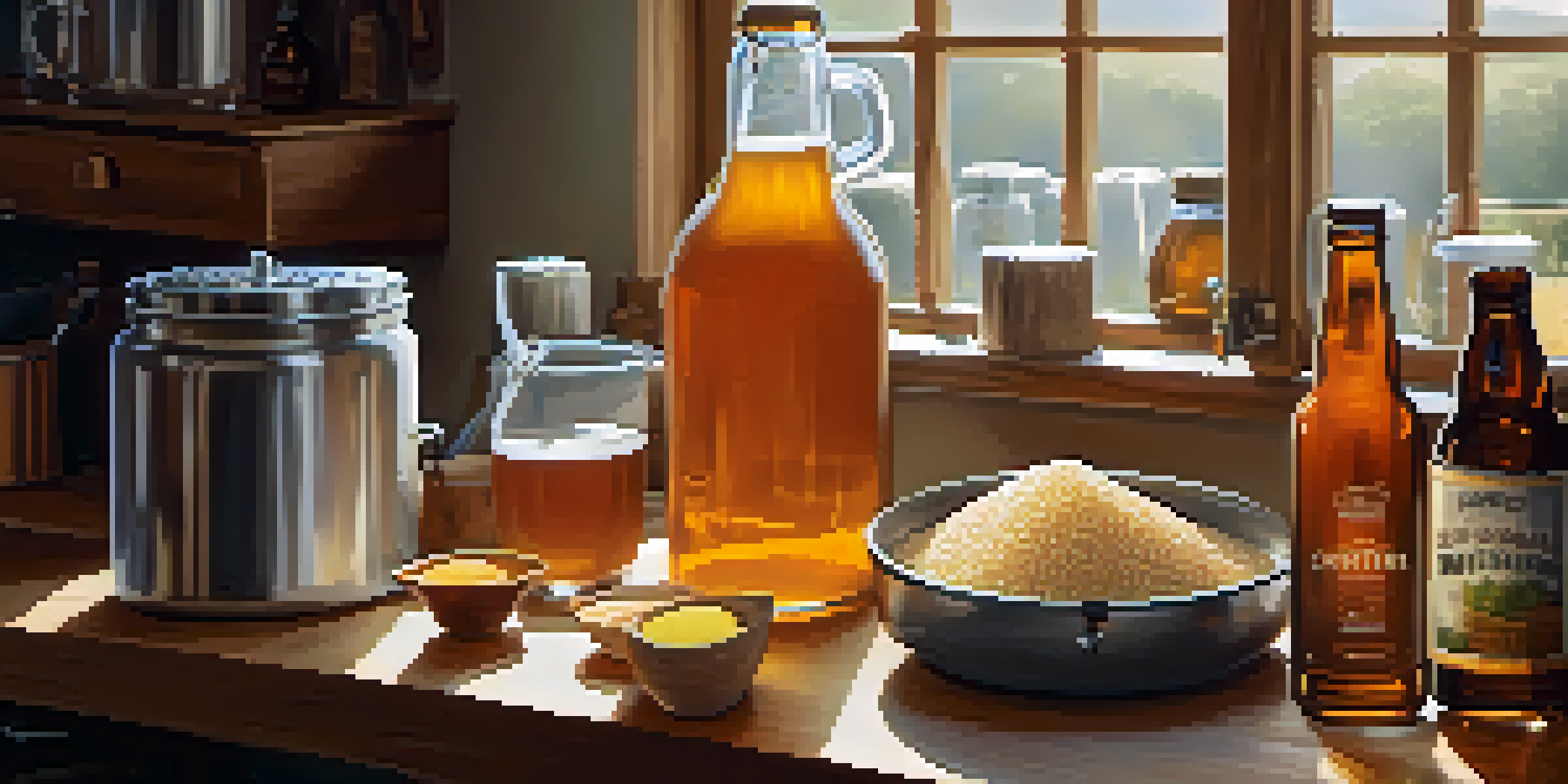 A cozy kitchen table displaying a complete beer brewing kit with ingredients and tools, illuminated by soft sunlight.