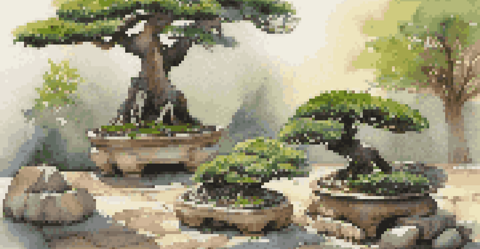 A collection of various bonsai trees on stone pedestals in an outdoor garden, under warm sunlight.