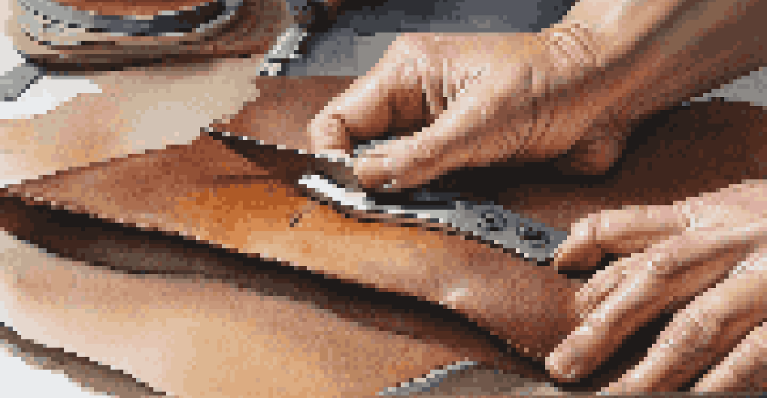 Artisan's hands cutting leather with a rotary cutter, showcasing precision and craftsmanship.