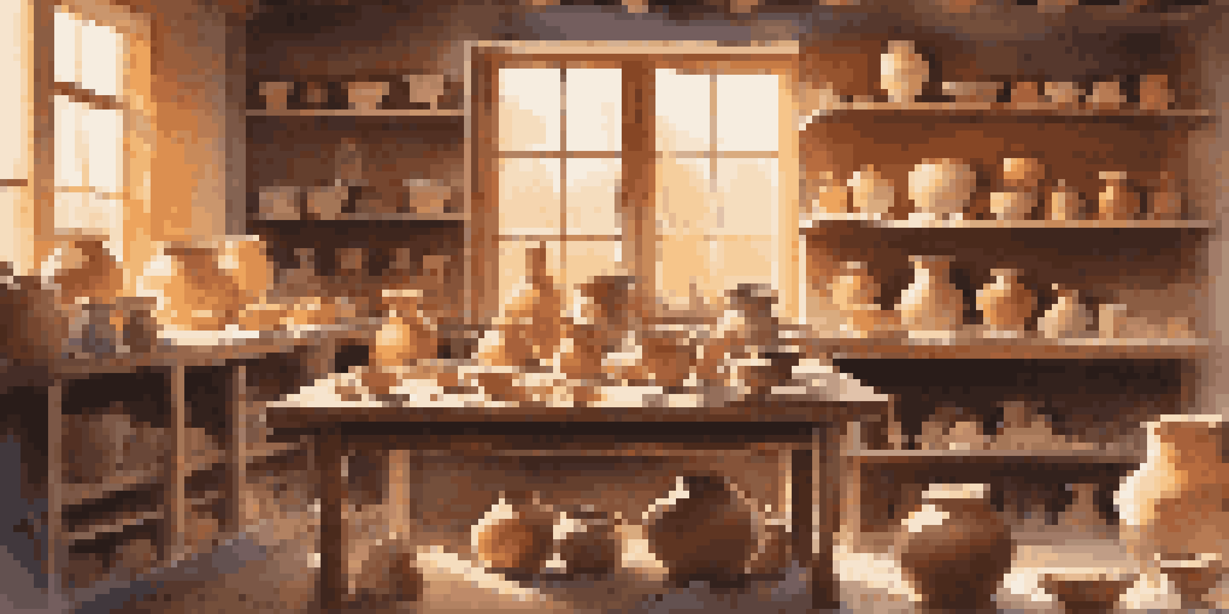 A potter's workshop with a potter pouring liquid clay into a mold, surrounded by tools and drying pottery pieces.