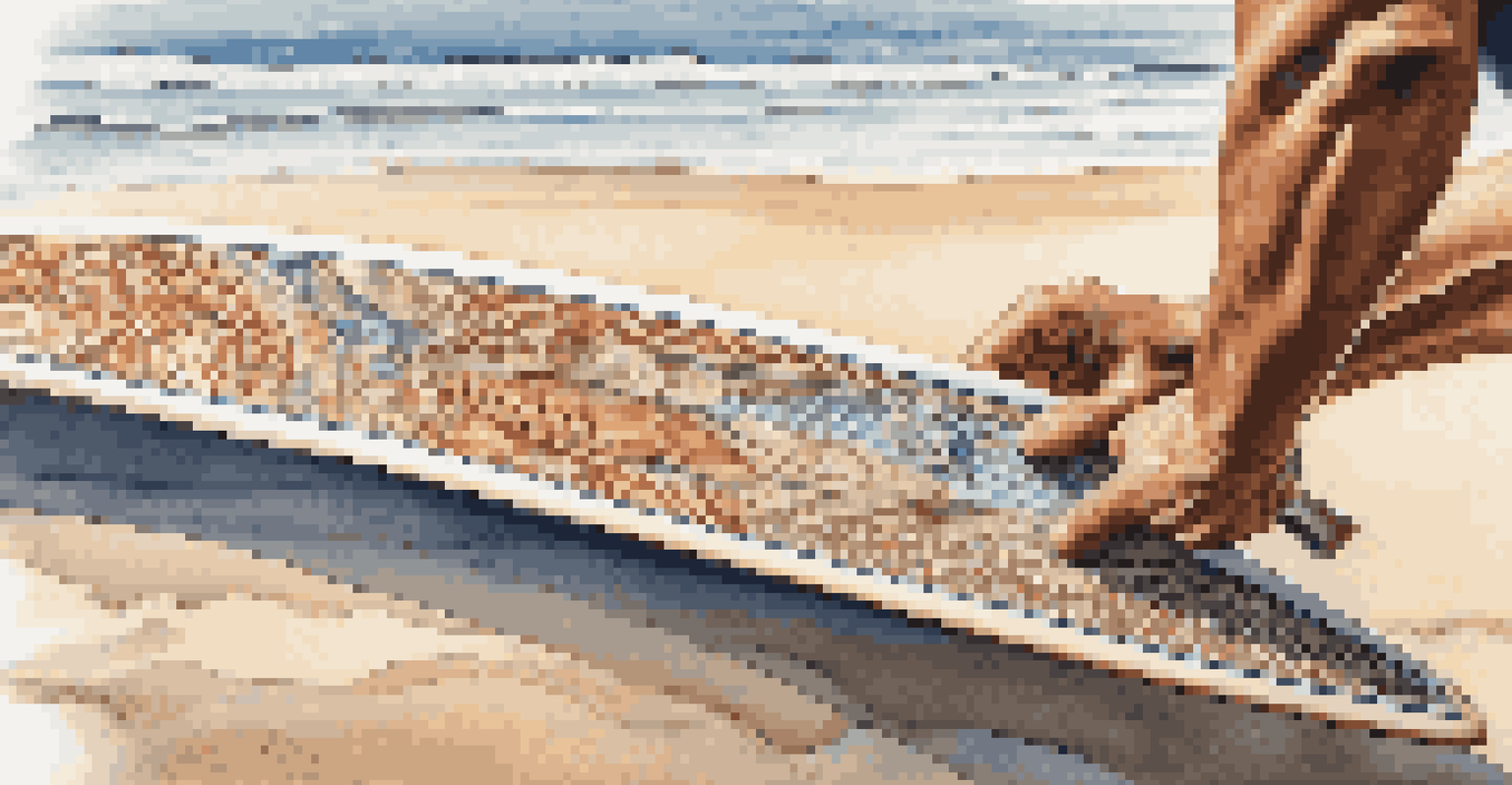 A close-up of a surfboard being checked for damages with a hand inspecting the fins.