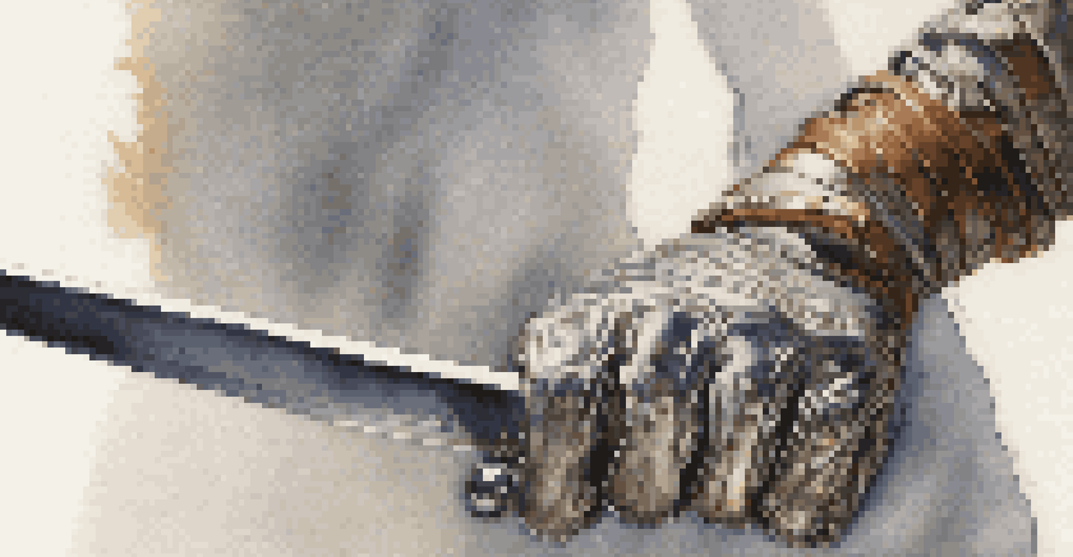 A close-up of a fencer's hand gripping a sword, highlighting the details of the glove and the shiny blade.