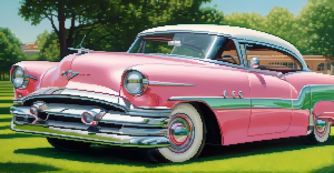 A pastel pink classic car from the 1950s parked in a sunny park, showcasing its chrome details and smooth curves.