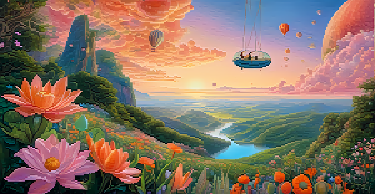 A person flying over a colorful dream landscape with greenery and whimsical creatures during a lucid dream.
