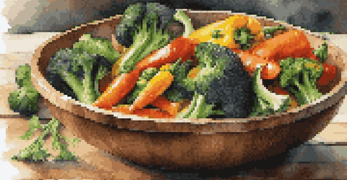 A colorful vegetable stir-fry in a wooden bowl with various vegetables and herbs, set on a rustic kitchen table with natural light.