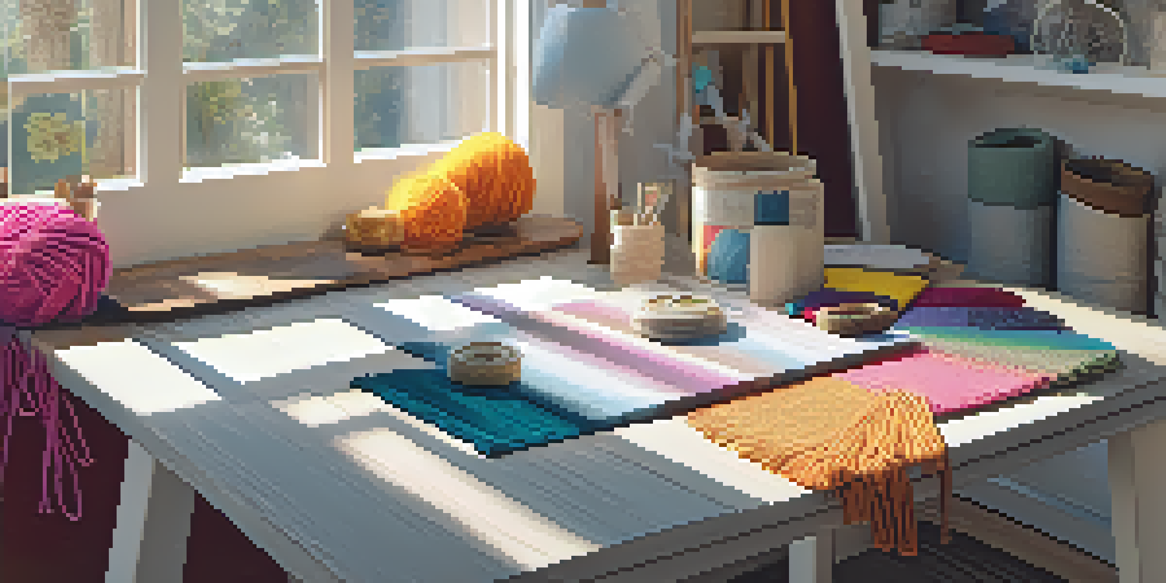 A brightly lit crafting area with a table covered in colorful yarns and crafting materials, showcasing a half-finished rug project.
