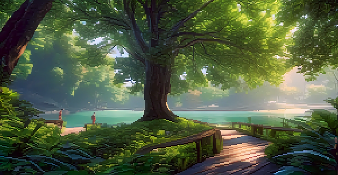 A person wearing a virtual reality headset exploring a lush forest with sunlight filtering through the trees and a tranquil lake in the background.