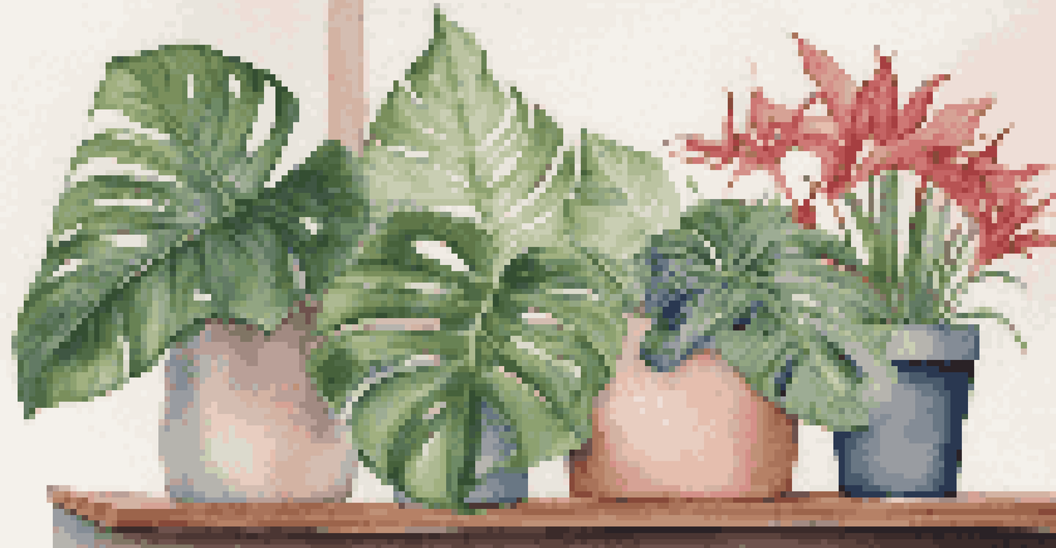 A vibrant display of indoor tropical plants on a wooden shelf, including monstera, pothos, and bromeliads against a pastel wall.