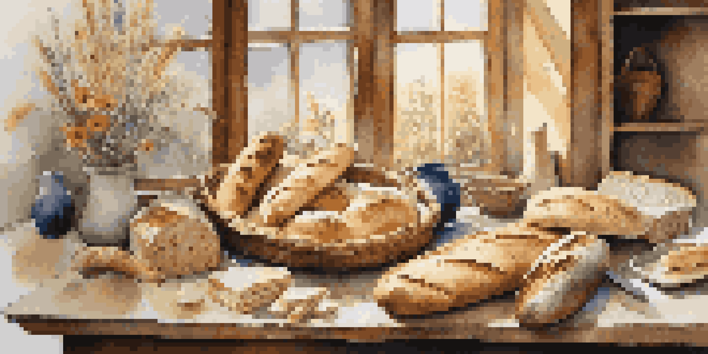 A wooden table filled with various types of traditional breads, illuminated by soft morning light and accompanied by a vase of wildflowers.
