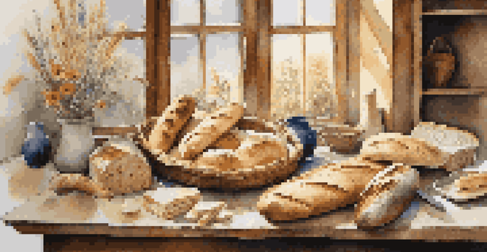 A wooden table filled with various types of traditional breads, illuminated by soft morning light and accompanied by a vase of wildflowers.