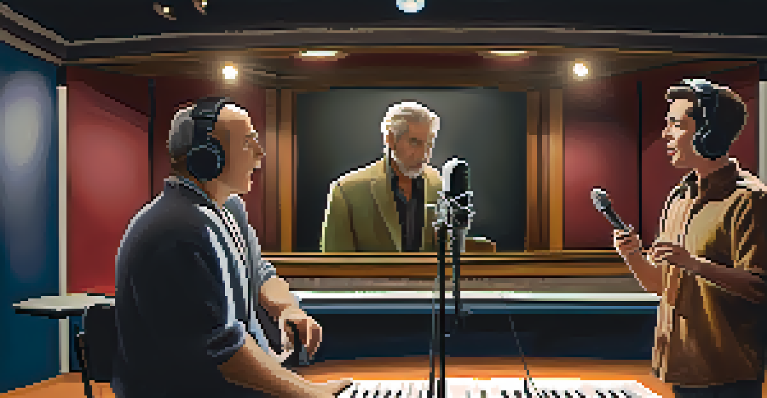 A split image of a voice actor in a recording booth and a traditional actor rehearsing on stage, highlighting their different environments.