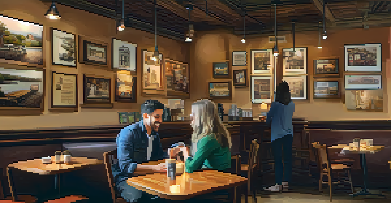 A cozy café interior with a barista serving coffee in a warmly lit environment, decorated with historical photographs.