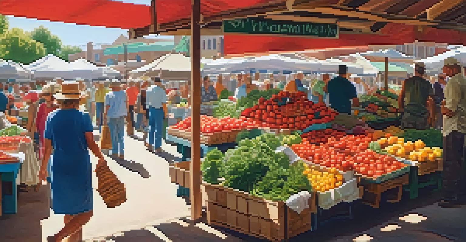 A lively farmer's market with colorful seasonal produce and shoppers.