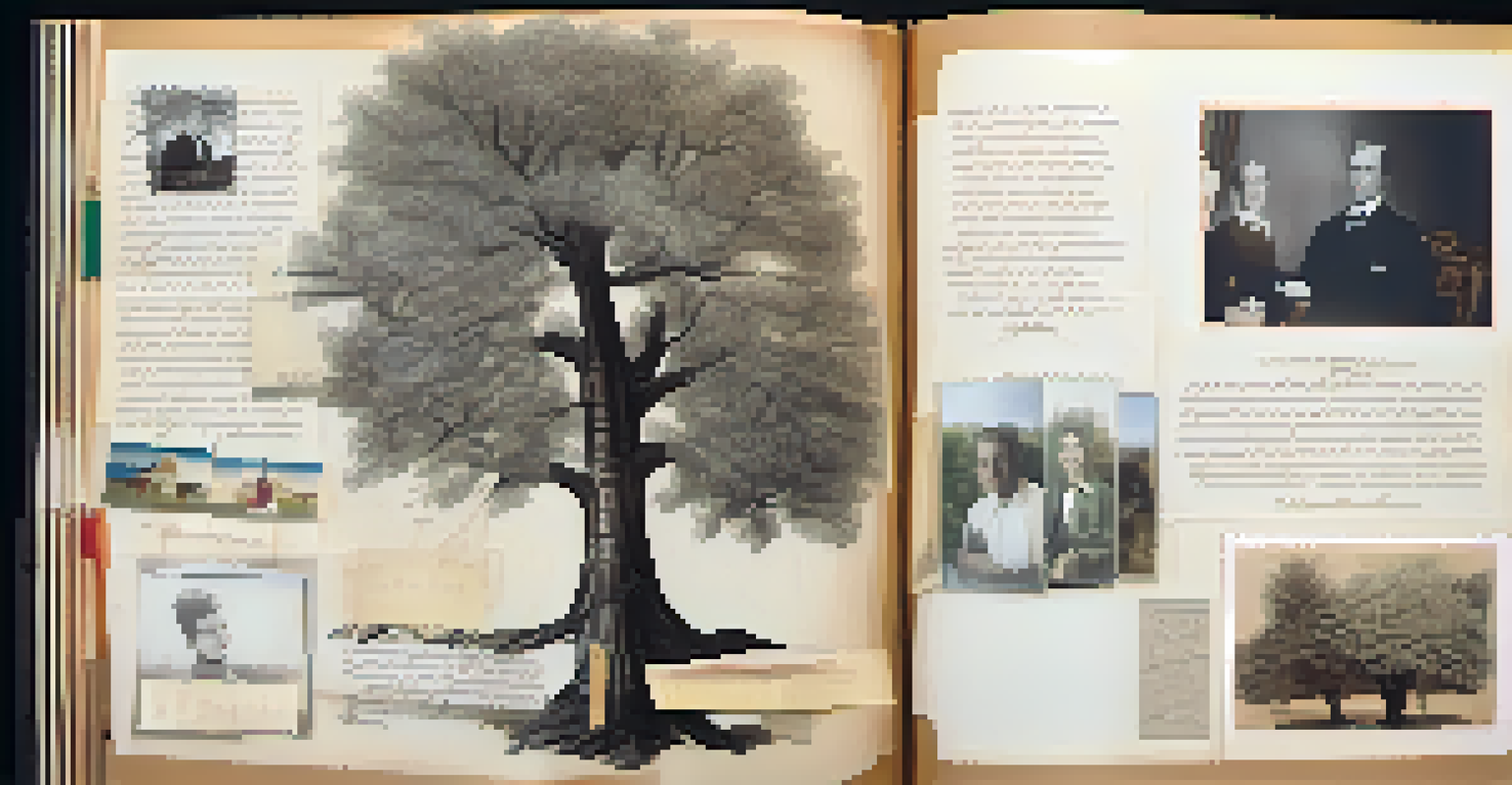 A close-up of a family tree scrapbook showcasing photographs and handwritten notes that connect different generations.