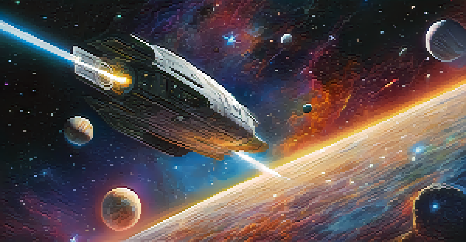 A sleek spaceship navigates through a starry space filled with colorful nebulae and distant planets.
