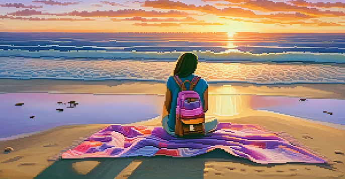 A travel blogger taking a photo of a sunset at the beach with a DSLR camera, surrounded by beach towels and a backpack.