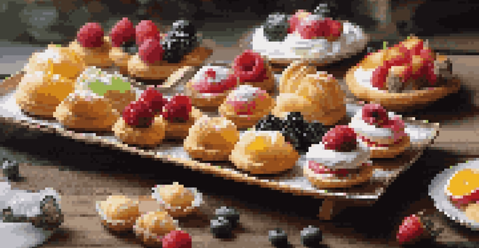 A platter showcasing a variety of mini pastries, such as fruit tartlets, éclairs, and cream puffs, beautifully garnished with berries and flowers.