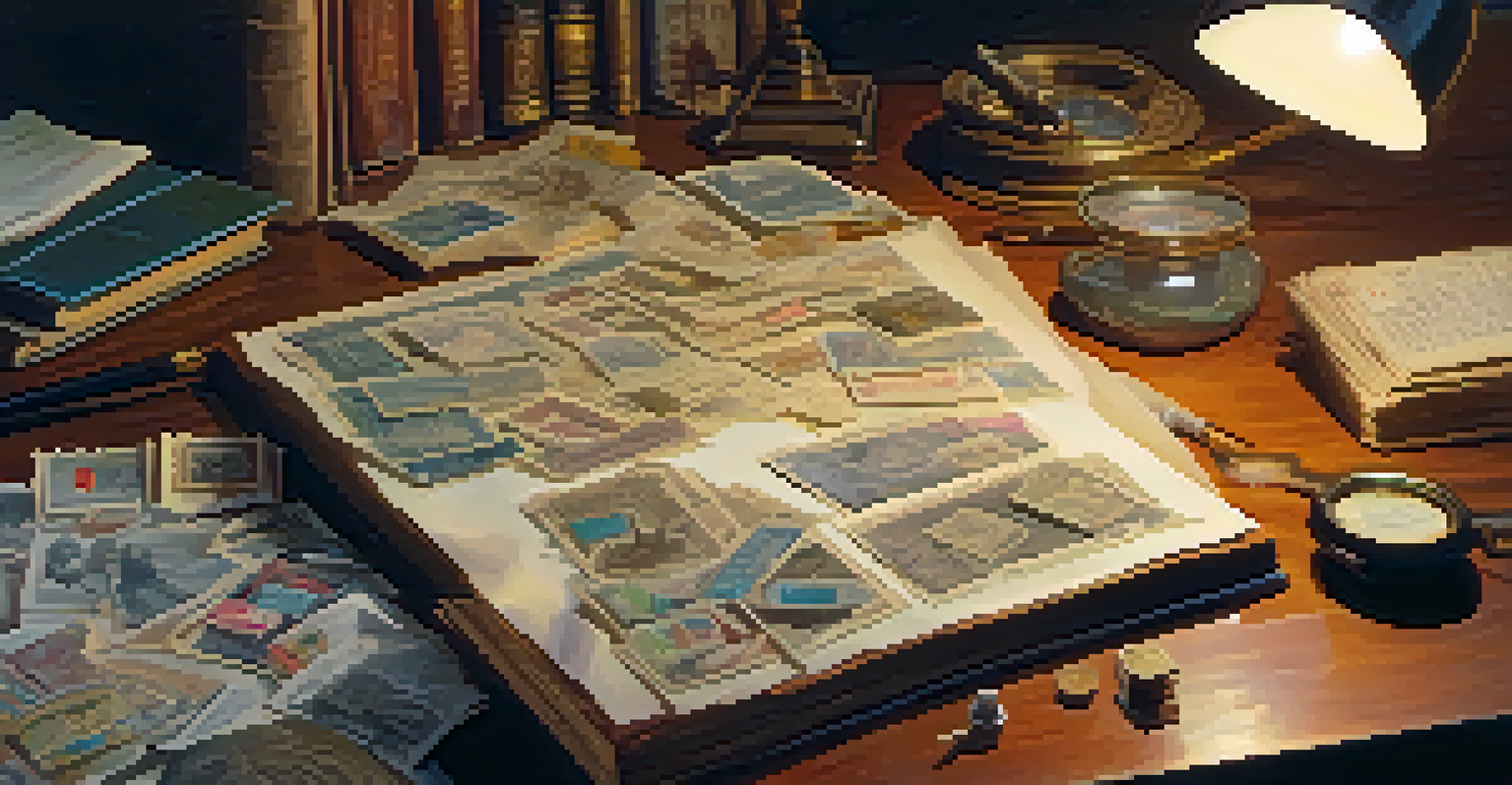 A collector examining rare stamps under a magnifying glass at a cozy desk, with books and notes around.