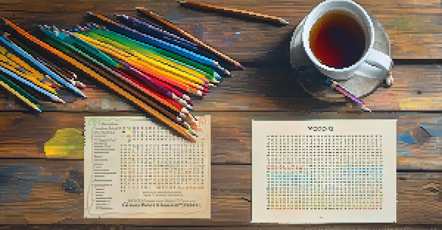 An overhead shot of a word search puzzle with colored pencils and a cup of tea on a wooden table.