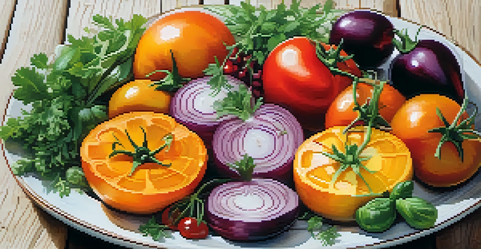 A plate filled with colorful seasonal vegetables like tomatoes and squash, garnished with herbs and balsamic reduction on a rustic wooden table.