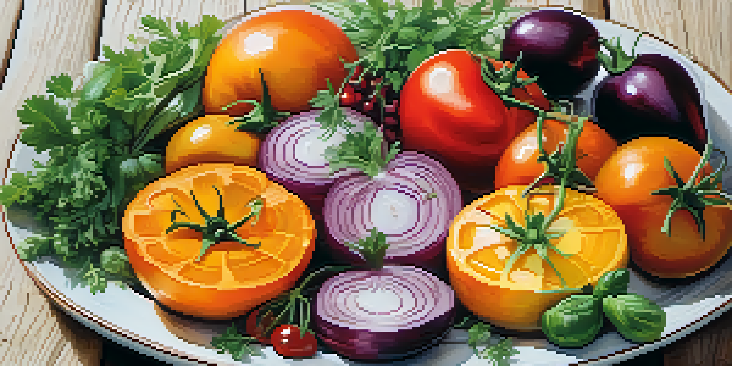 A plate filled with colorful seasonal vegetables like tomatoes and squash, garnished with herbs and balsamic reduction on a rustic wooden table.