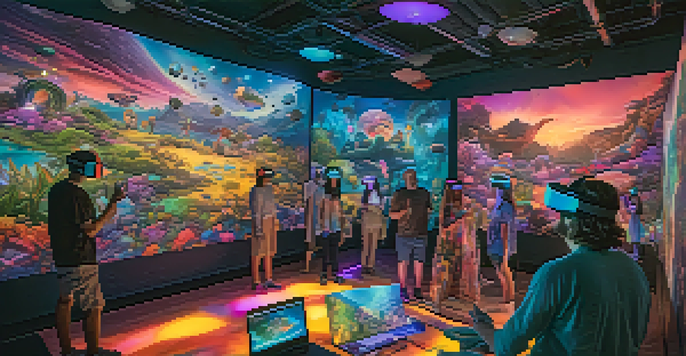 A group of diverse individuals wearing VR headsets, immersed in a colorful virtual reality environment with glowing lights.