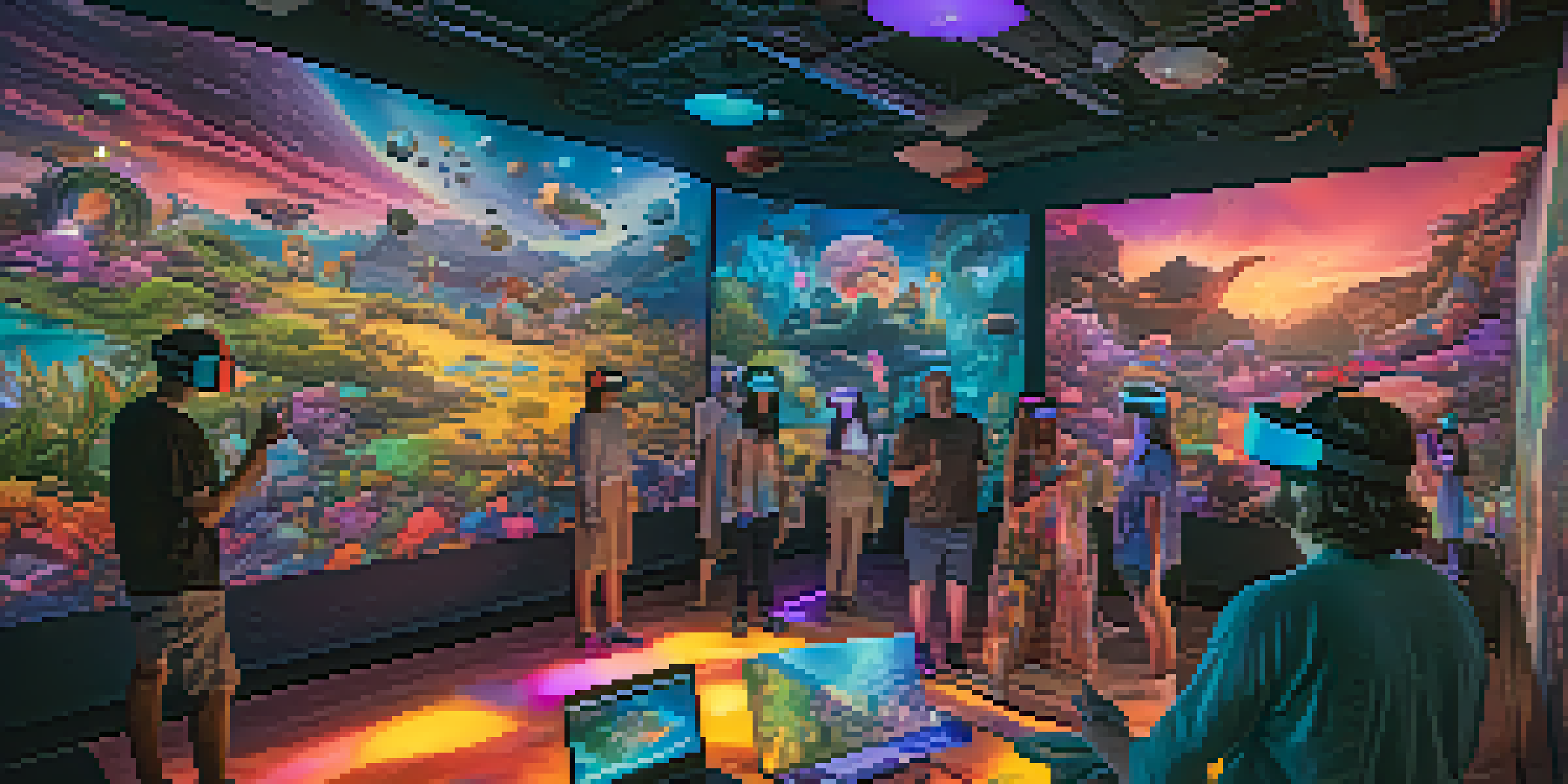 A group of diverse individuals wearing VR headsets, immersed in a colorful virtual reality environment with glowing lights.