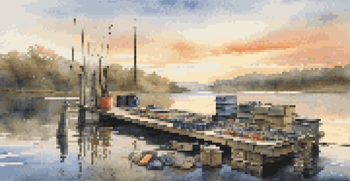 A peaceful morning scene of an organized fishing gear setup on a dock, showcasing tackle boxes and fishing rods in warm light.
