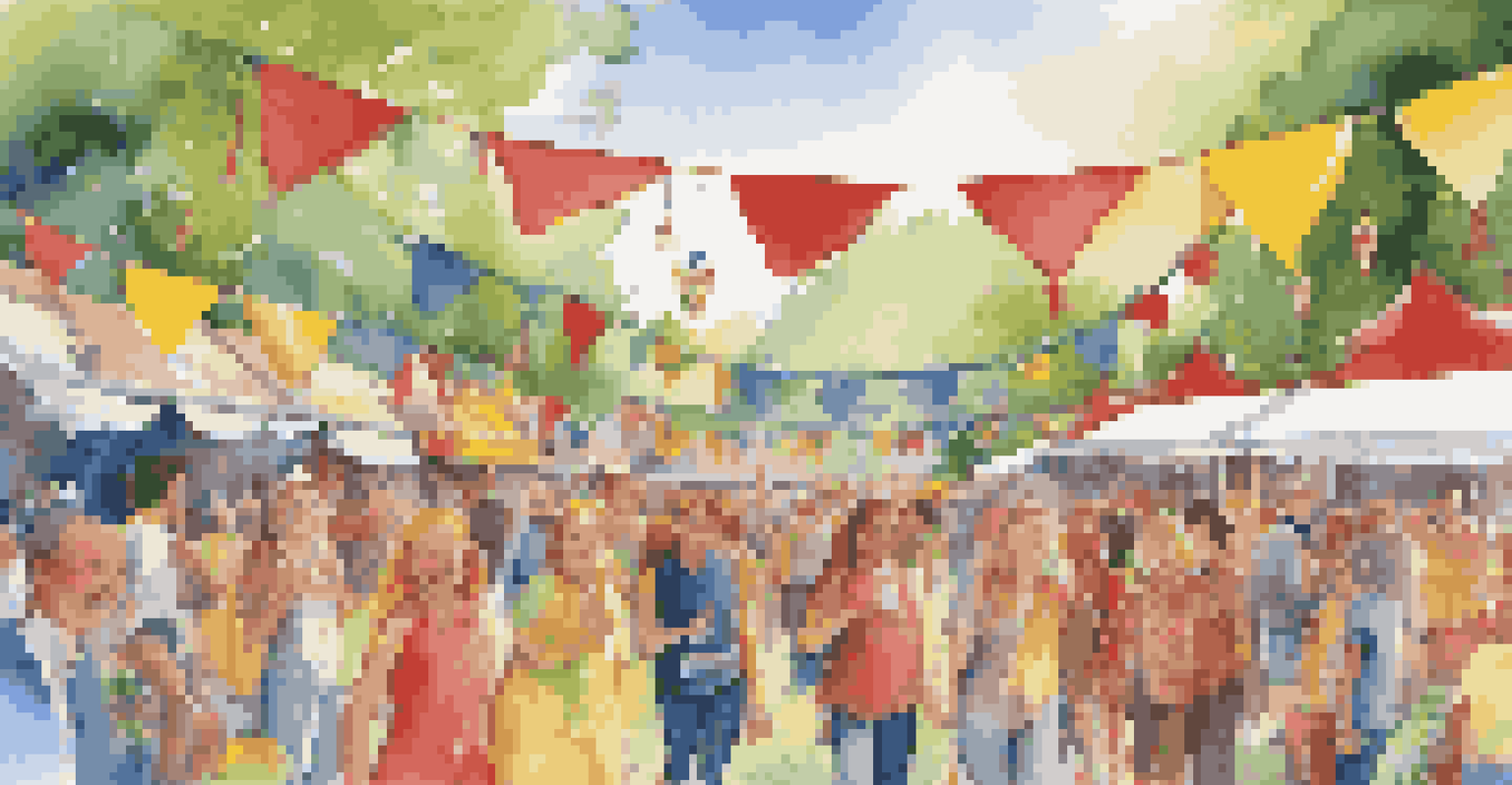 Friends enjoying an outdoor festival with colorful decorations and food stalls in a park.