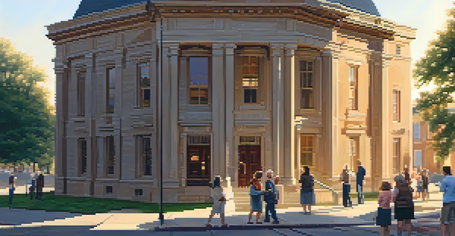 A local historical society building with researchers examining documents and interacting with librarians in a warm, inviting atmosphere.