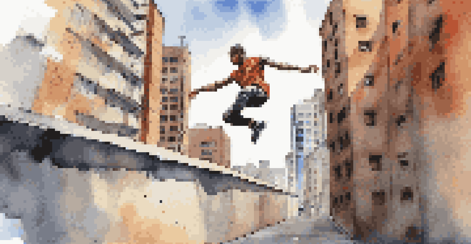 A parkour athlete executing a vault over a wall in an urban environment, showcasing dynamic movement and city architecture.