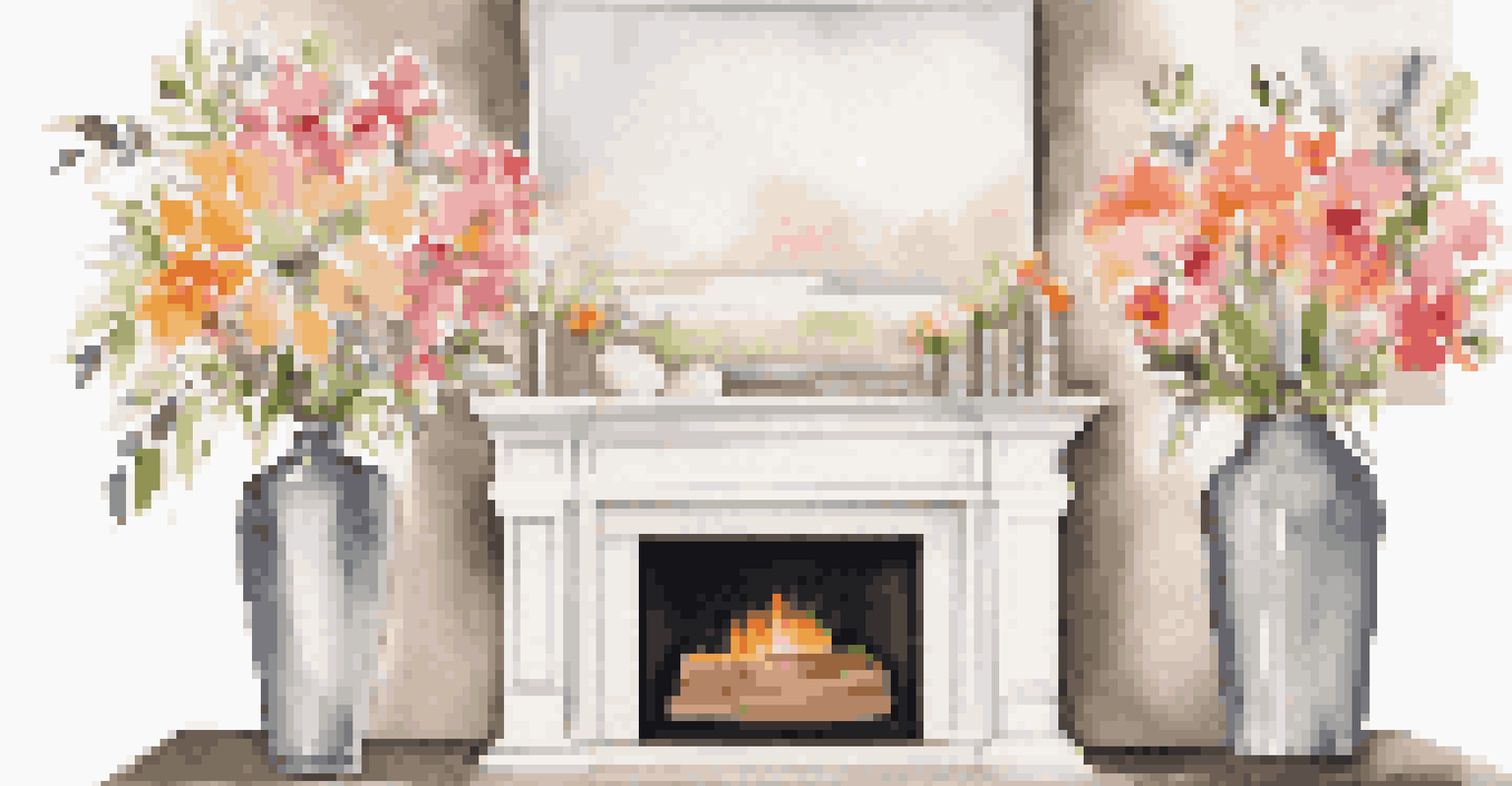 A spring-themed fireplace mantel decorated with bright flowers, soft fabrics, and candles for a fresh look.