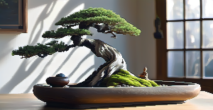 A tranquil bonsai display with a twisted juniper bonsai in a ceramic pot, soft natural light filtering through a window, pebbles, and a figurine of a monk.