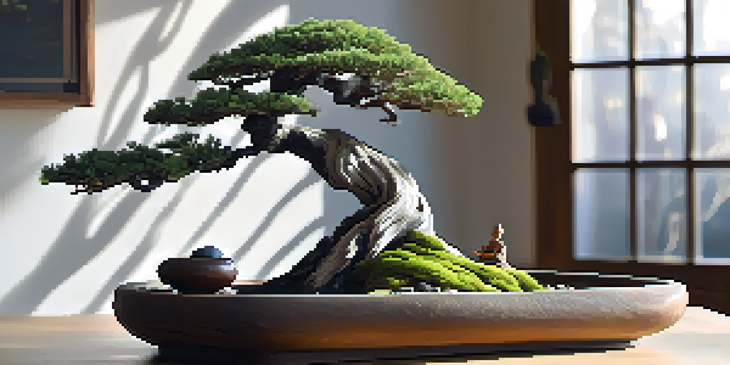 A tranquil bonsai display with a twisted juniper bonsai in a ceramic pot, soft natural light filtering through a window, pebbles, and a figurine of a monk.