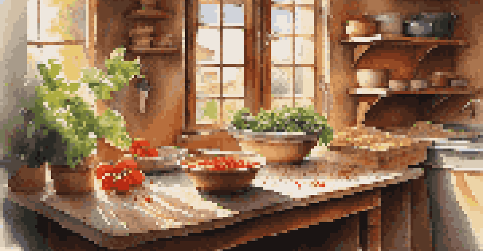 A rustic Italian kitchen with a wooden table filled with fresh ingredients for pasta-making, illuminated by soft sunlight.