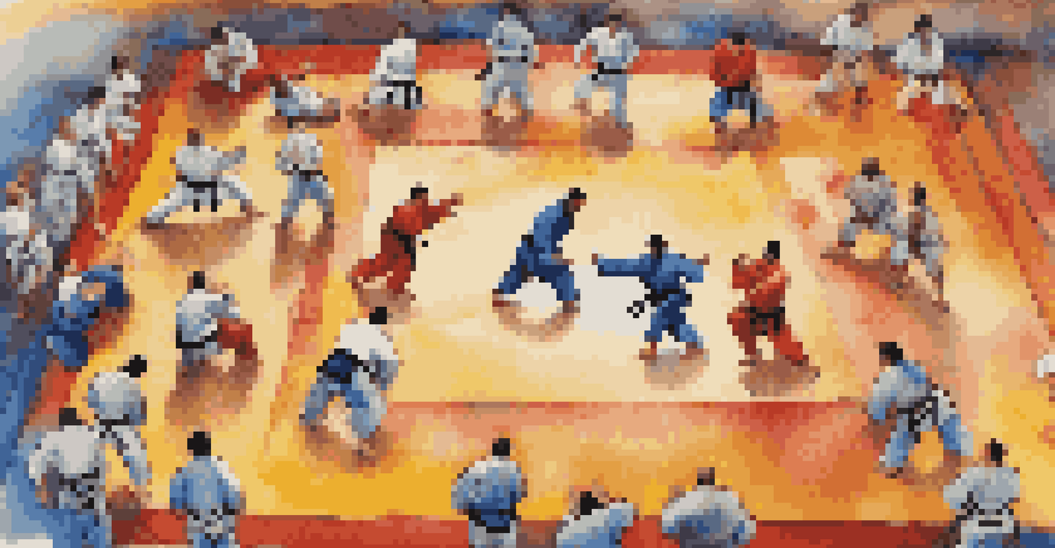 An overhead view of a Brazilian Jiu-Jitsu training session, showing partners sparring on colorful mats, emphasizing movement and technique.