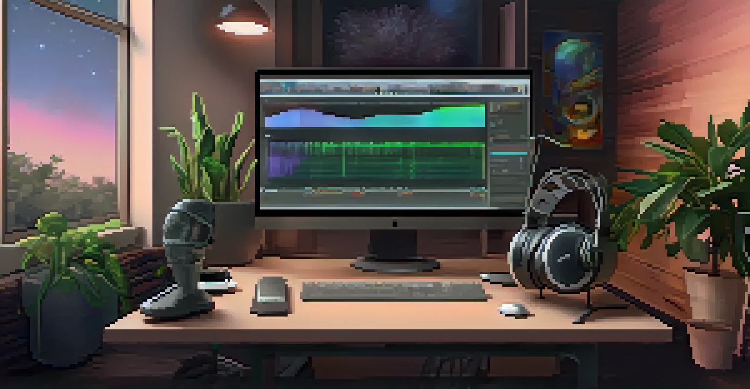 A cozy podcasting studio with a microphone, headphones, and a laptop, softly lit with plants and colorful artwork.