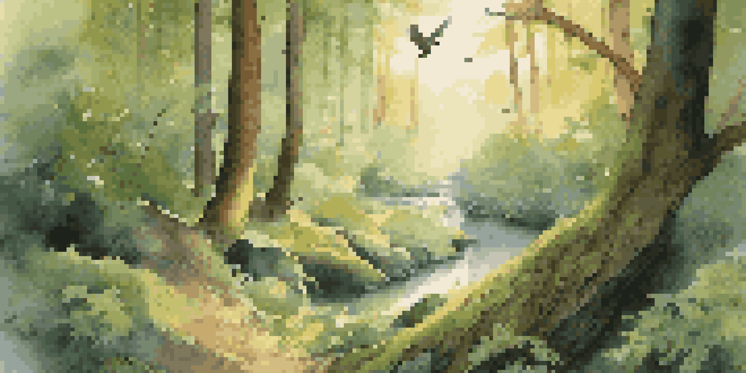 A tranquil forest scene at dawn featuring a wooden birdwatching journal on a mossy rock, surrounded by colorful birds and soft sunlight filtering through the trees.