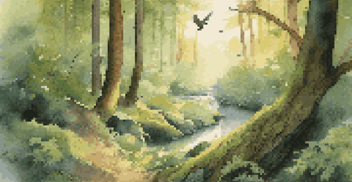 A tranquil forest scene at dawn featuring a wooden birdwatching journal on a mossy rock, surrounded by colorful birds and soft sunlight filtering through the trees.