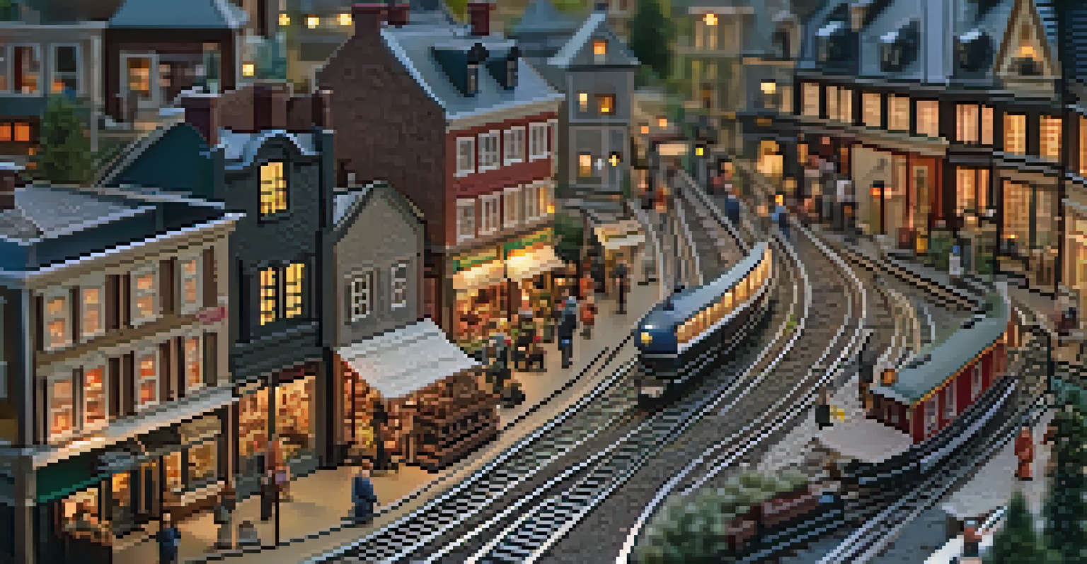 A miniature railroad village at dusk with illuminated buildings and tiny figures in a bustling marketplace.