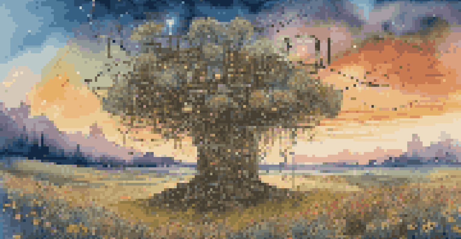 A surreal tree made of circuit boards in a field of wildflowers under a colorful sunset sky.