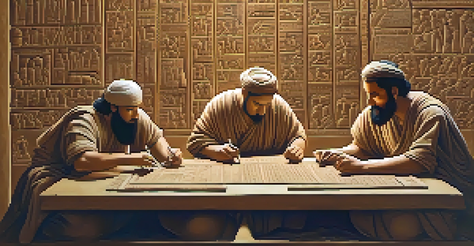 Ancient Sumerian scribes inscribing cuneiform on clay tablets in a sunlit room with scrolls and tools.