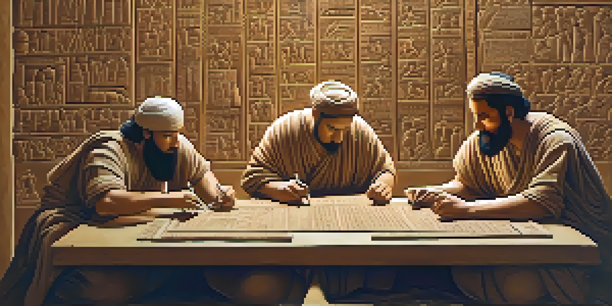 Ancient Sumerian scribes inscribing cuneiform on clay tablets in a sunlit room with scrolls and tools.