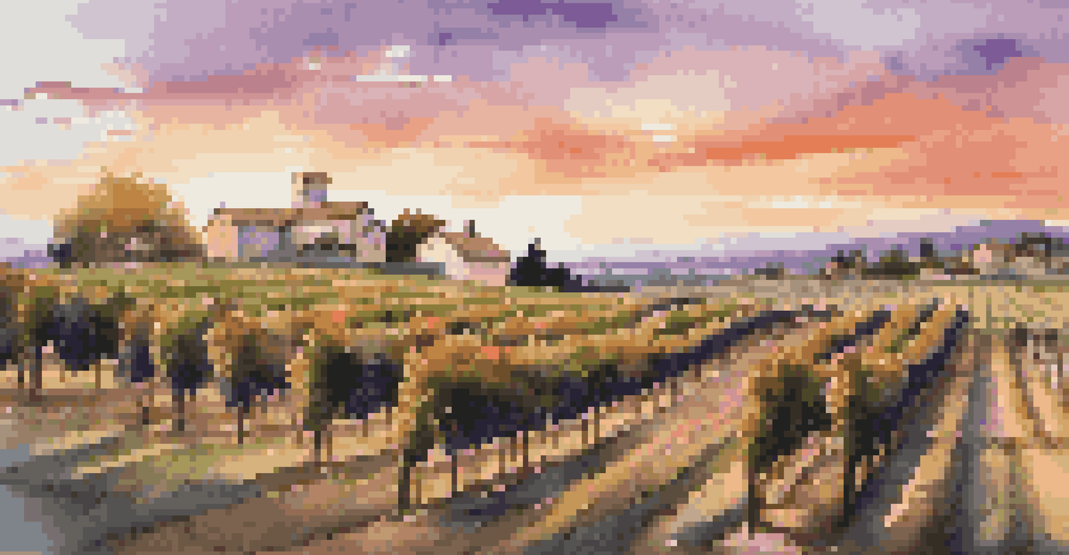 A vineyard landscape at sunset with rows of grapevines and a rustic farmhouse in the background, illuminated by golden light.