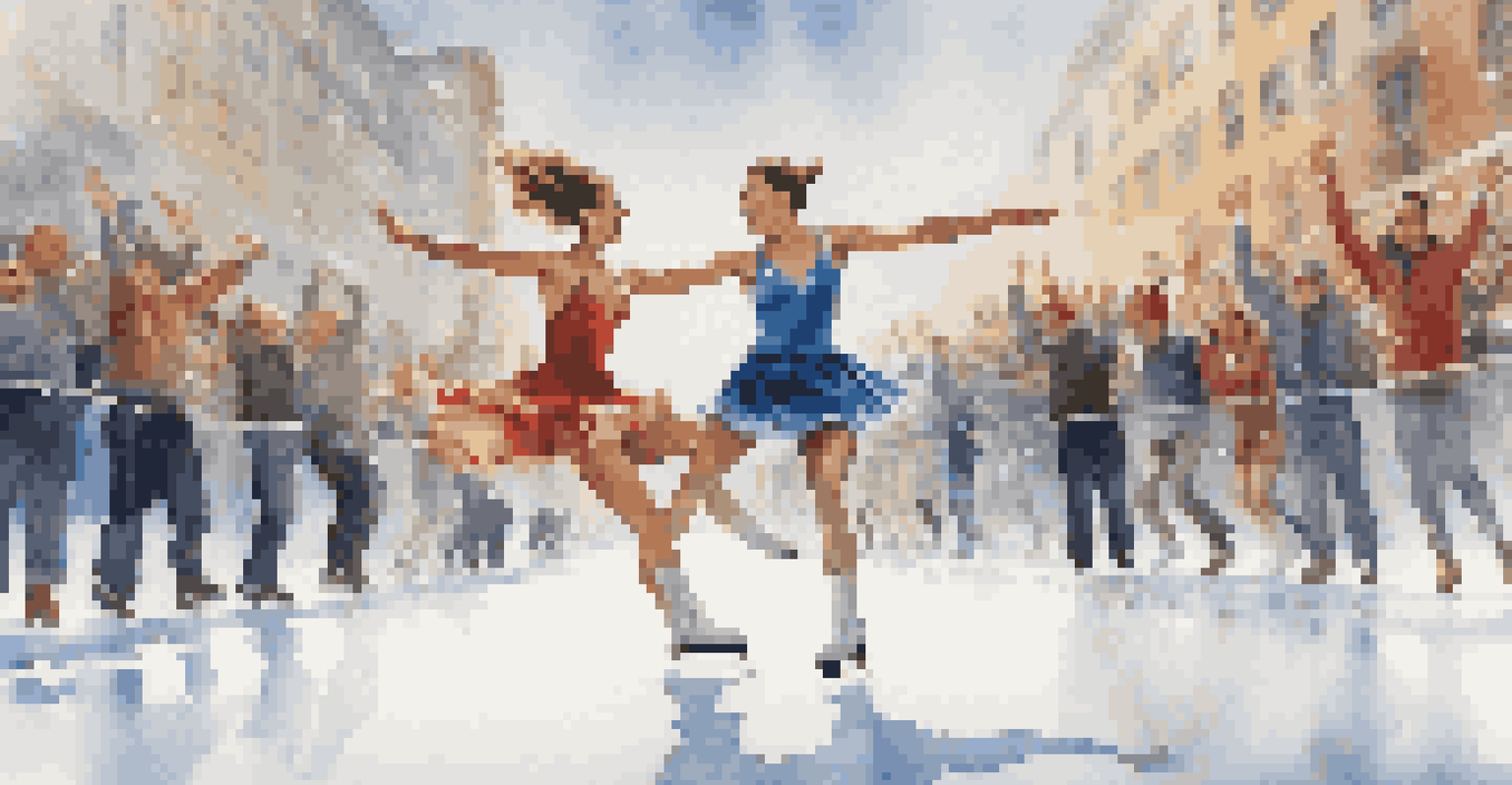 A dynamic shot of two ice skaters performing a synchronized jump in front of a cheering crowd.