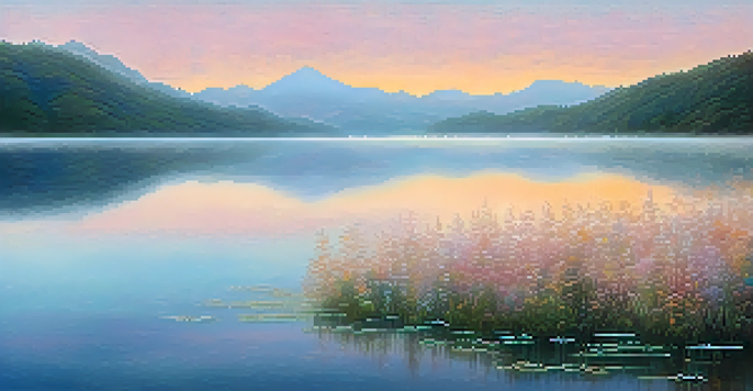 A peaceful lake at sunrise with misty mountains and colorful reflections in the water.