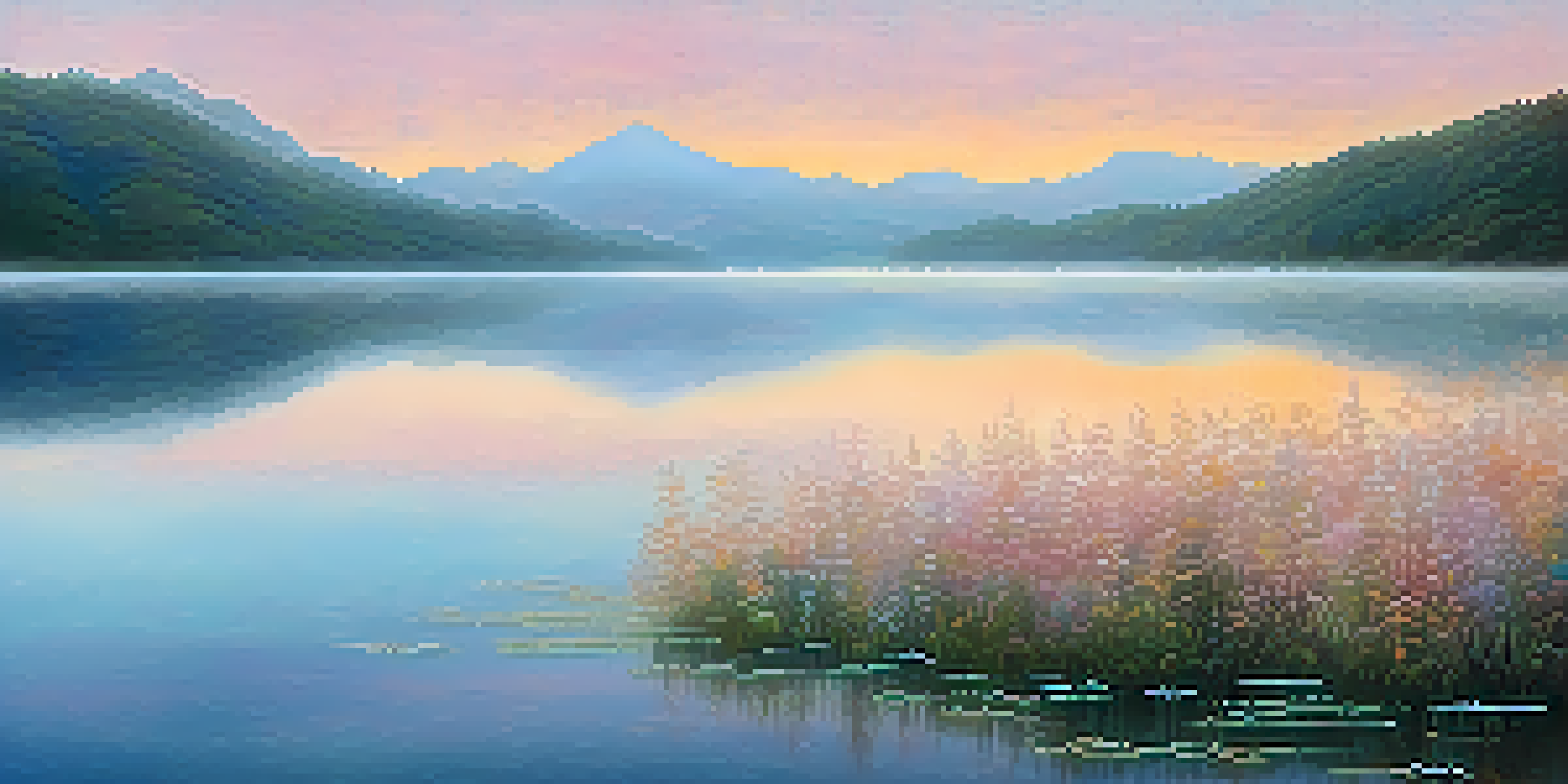 A peaceful lake at sunrise with misty mountains and colorful reflections in the water.